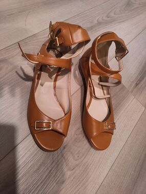 Chloe Tan Leather Ankle-Strap Sandals with Gold Buckles